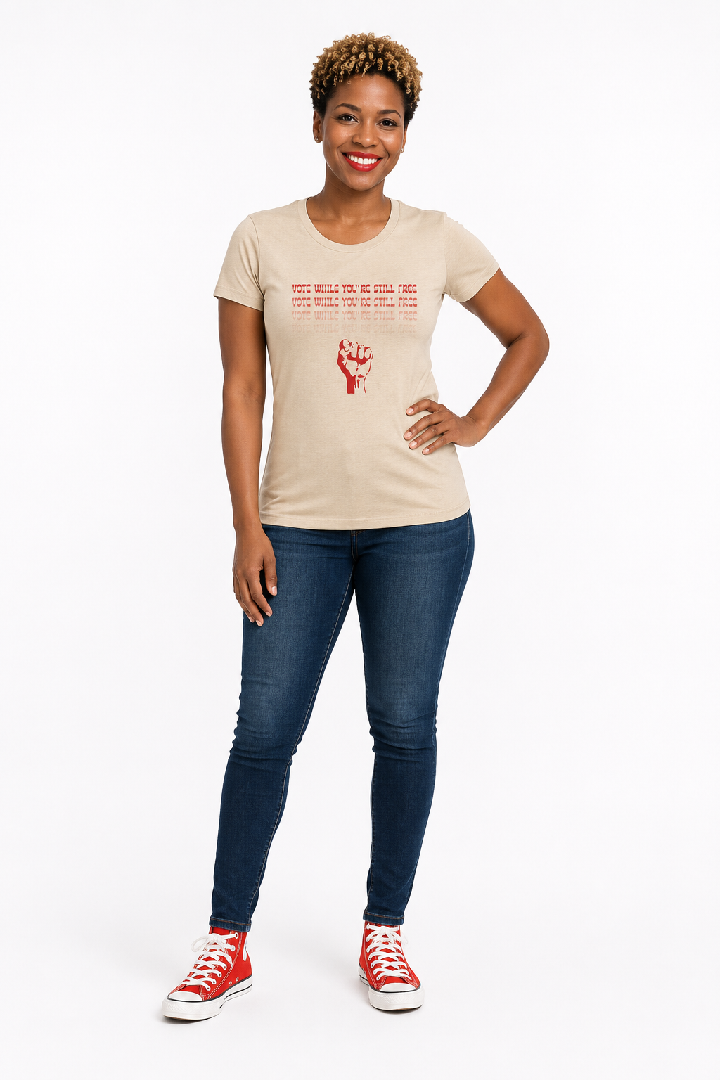 Women's Vote While You're Still Free Fitted Red Fist Graphic T-Shirt - Multiple Colors (#D246)